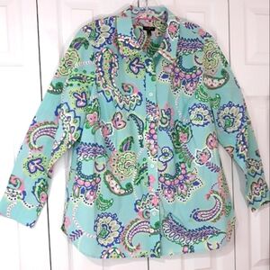 Talbots Plus Colorful Paisley Button-Up Shirt Long-Sleeve Cotton Top Size X